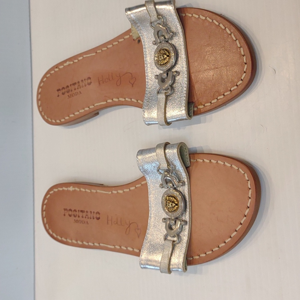 Italian Handmade Positano Moda All Leather Slides Lion Medallion Silvery Vamp - Picture 5 of 10